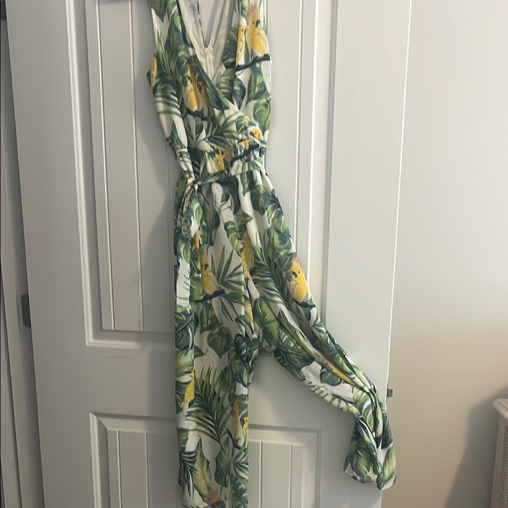 June & Hudson Green and White Jumpsuit with Tropical Print